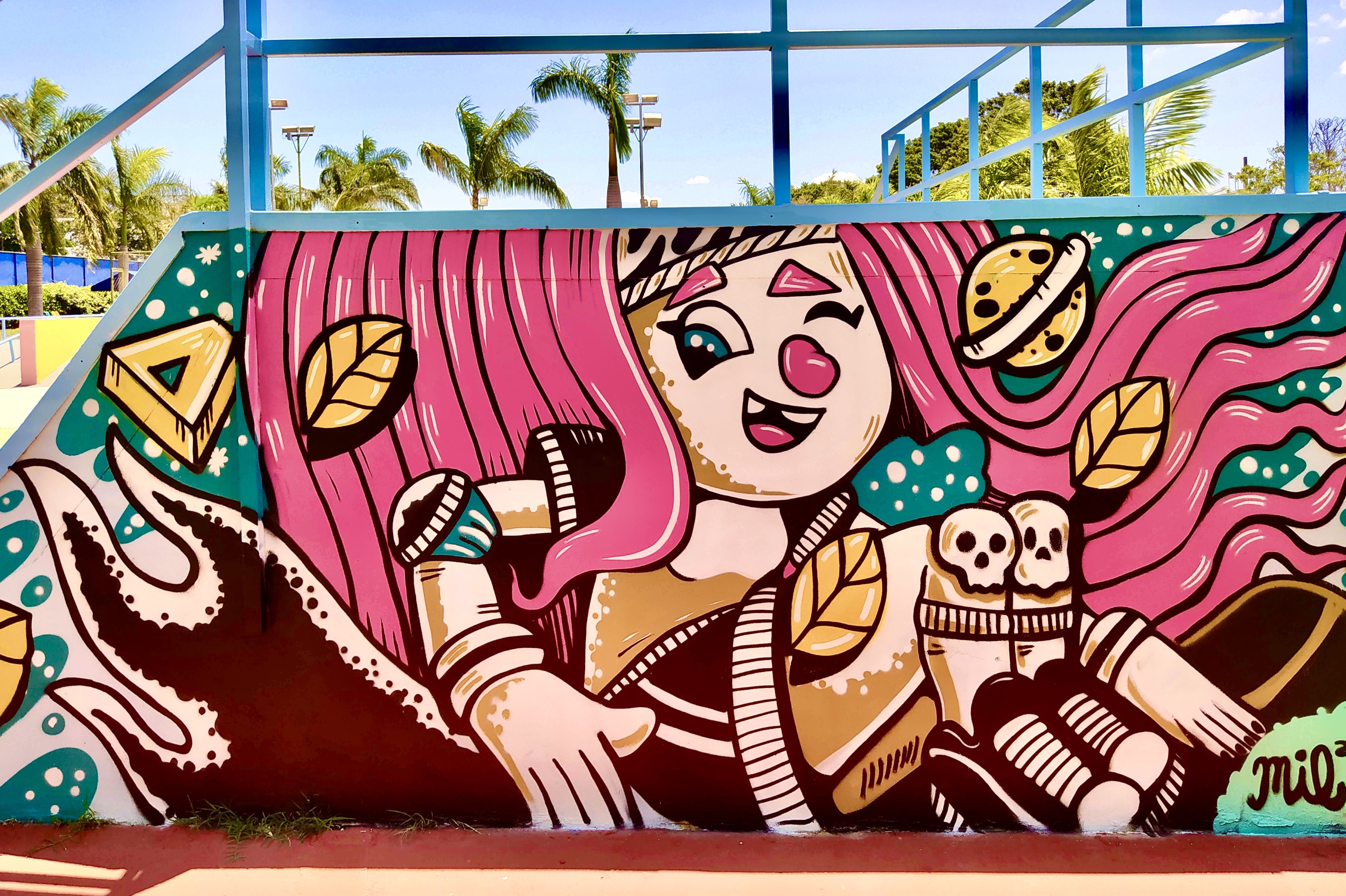 mural de graffiti Skate or die, feito em pista de skate, garota skatista com cabelo rosa